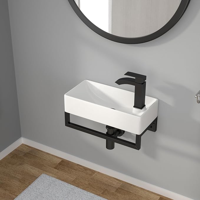 Wall Mount Sink Small - 17" x 9" Floating Bathroom Sink Rectangle White Porcelain Ceramic Right Hand Sink with Towel Rack
