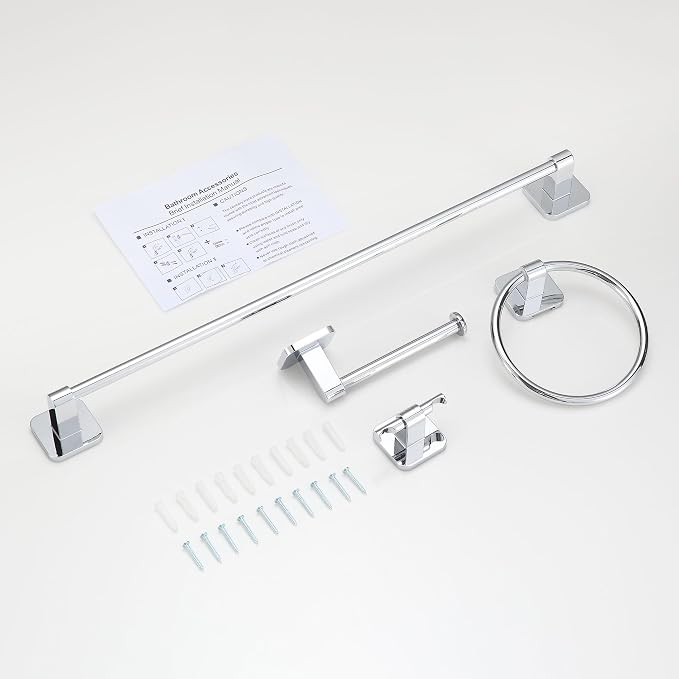 Bathroom Accessories Set, 4 Pieces Bathroom Hardware Set, 24 inch Towel Bar, Towel Racks, Robe Towel Hooks, Toilet Paper Holder Wall Mounted Or Self-Adhesive,Stainless Steel and Plastic (Chrome)