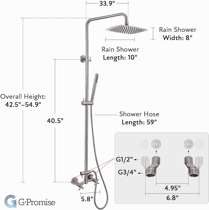 G‑Promise 316 Marine Grade Stainless Steel 10 Inches Outdoor Shower Kit | SUS 316 Stainless Steel, Built to Last, Easy Install, Height Adjustable, Wall Mounted, for Poolside, Backyard, Coastal Homes