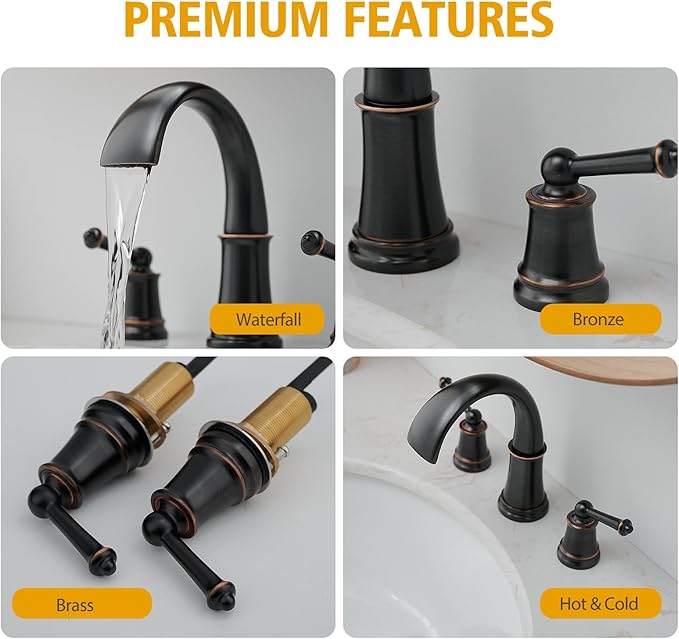 BESy Widespread 8 inch Oil Rubbed Bronze Bathroom Faucet, Two Handles 3 Holes Sink Faucet Waterfall Spout Lavatory Basin Faucets, Vanity Bathroom Sink Faucet with Supply cUPC Lines