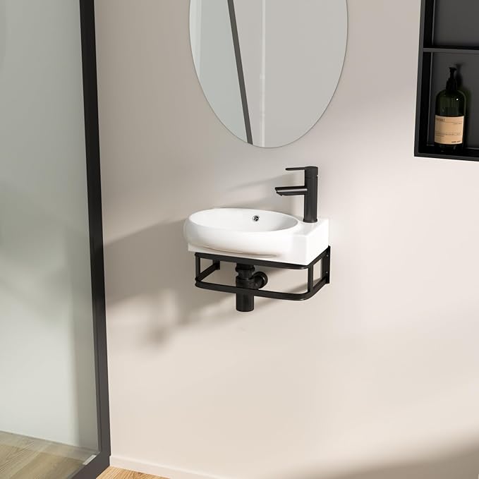 Logmey Wall Mount Bathroom Sink 16-1/2"x11" Floating Sink White Porcelain Ceramic Wall Hung Vessel Sink Wash Hand Basin with Bracket