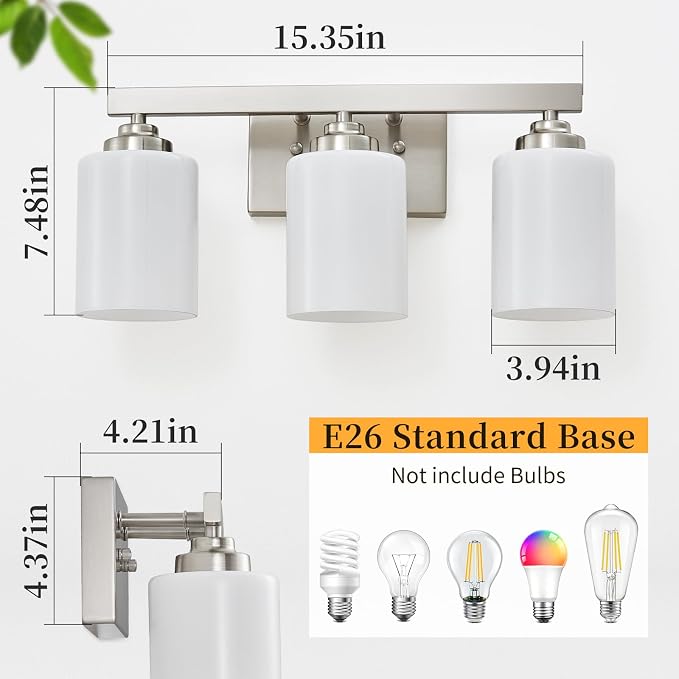 Bathroom Light Fixtures, Vanity Light Over Mirror Nickel 3-Light Fixture | Modern bathroom vanity light fixture with metal frame, ideal for mirrors, bedrooms and hallways. Fits E26 bulbs.