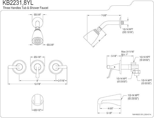 Kingston Brass KB2238YL Yosemite Three Handle Tub Shower Faucet, 3-1/8 inch Diameter Escutcheon, Brushed Nickel