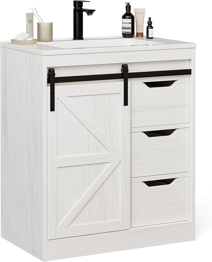 SUNTAGE Bathroom Vanity with Sink, Freestanding Farmhouse Bathroom Storage Cabinet with 3 Drawers & Sliding Door, White Resin Basin Vanity Combo Set (Distressed White, 30")