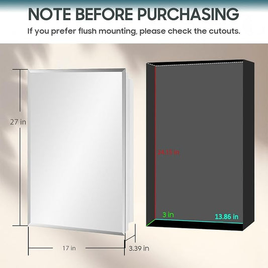 17x27 Plastic Medicine Cabinet with Mirror, Recessed or Surface Mount | 3 adjustable shelves, beveled mirror, soft-close reversible door, 95% assembled; cutout 13.86"W x 24.15"H x 3"D