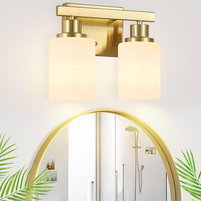 Gold Bathroom Light Fixtures Over Mirror, 2-Light Modern Vanity Lights with White Glass Shade, Bathroom Wall Lamp Sconces for Mirror Bedroom, Living Room Hallway Small Space