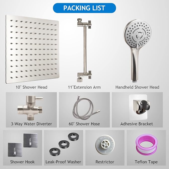 Shower Head Combo,10" Brushed Nickel High Pressure with 11" Extension Arm | Rain Shower Head with 5 Settings Handheld Shower Head Combo,Powerful Shower Spray Against Low Pressure Water