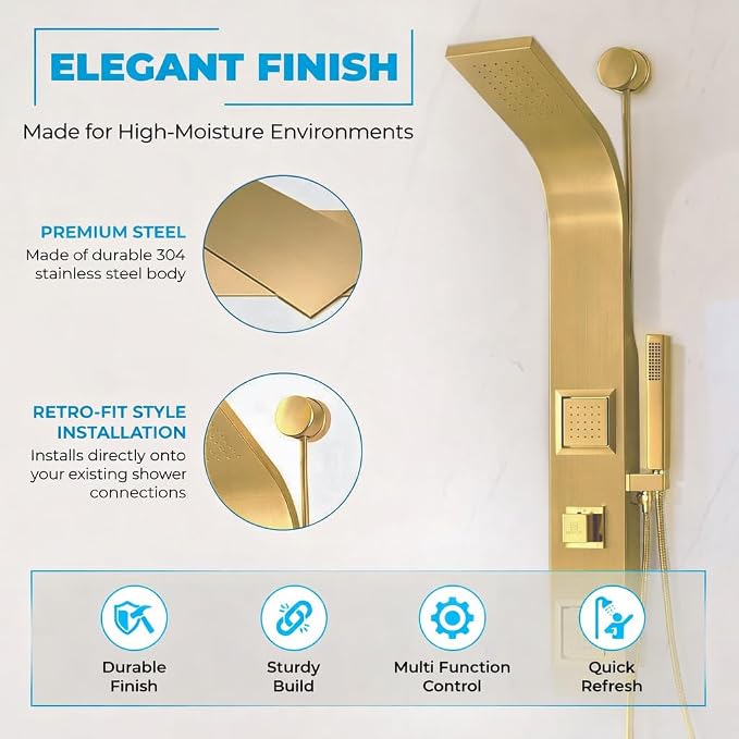 ANZZI Aura Series 39" Shower Panel Tower System | Full Body 2-Jetted Shower Tower, Head Panel with Heavy Rain Overhead, Euro-Grip Wall Mount Handheld Wand, DIY Friendly – Brushed Gold