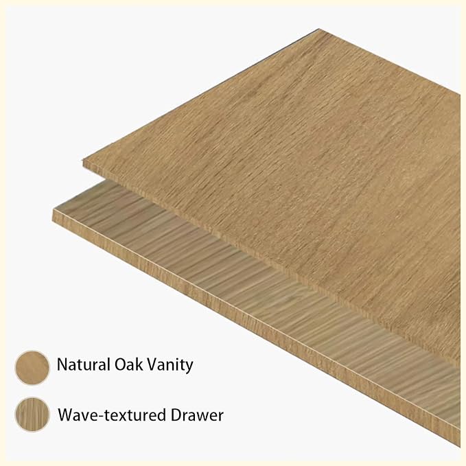24'' Floating Bathroom Vanity with Sink, Wall-Mounted Bathroom Storage Cabinet with Soft-Close Striped Drawer & Solid Surface Basin, Modern Natural Oak Body with Internal Handle, Wood