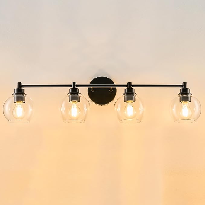 VONLUCE 4 Light Bathroom Vanity Light Fixtures, Black Finish | Globe Glass Shades, E26 Sockets, Easy to install, Vanity Lights for Bedroom Hallway Living Room