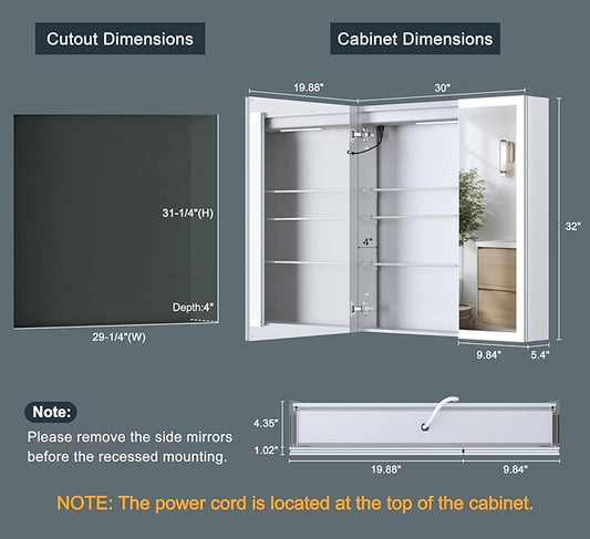 30x32 Inch Lighted Medicine Cabinet, AL Alloy Frame, Plug-in or Hardwired, Recessed or Wall Mount, Mirror Doors/3 Colors/Dimmable/Interior Sensor Light/Anti-Fog, 2 Outlets &USBs, 3 Shelves