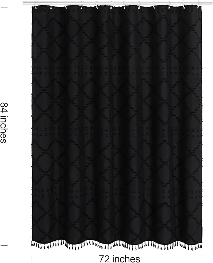 Black Boho Woven Fabric Shower Curtain with Tassel 72x84, Tufted Textured | Modern Farmhouse Curtain for Bathroom, Extra Long Bathroom Curtain, Minimalist Decor, Waterproof