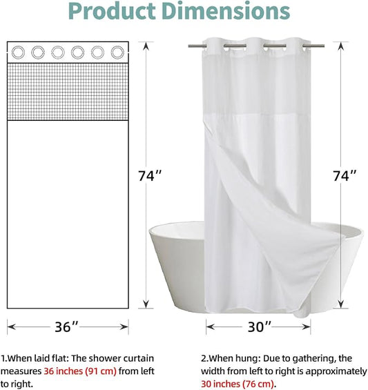eachope No Hook Waffle Shower Curtain with Snap-in Liner, 36x74 Inch, White | 230GSM waffle weave fabric, waterproof liner set with 2 bottom magnets, mesh window, washable, for shower stalls or bathrooms