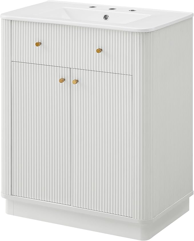 T4TREAM 30 Inch Bathroom Vanity with Sink, Modern Fluted Single Bathroom Vanity with Sink with Storage Cabinet, Adjustable Shelf, Solid White