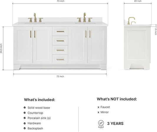 DKB Emilia 72 Inch Bathroom Vanity Double Sink — White Bathroom Vanity with Sink, 1.5" Edge Pure White Quartz Countertop & Backsplash, 4 Soft-Close Doors, and 6 Dovetail Drawers
