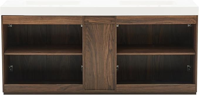 72" Bathroom Vanity with Double Sink, Freestanding Double Sink Bathroom Vanity with White Engineered Stone Top, Open Storage Cabinet & Adjustable Shelf, 4 Soft-Closing Doors, Walnut