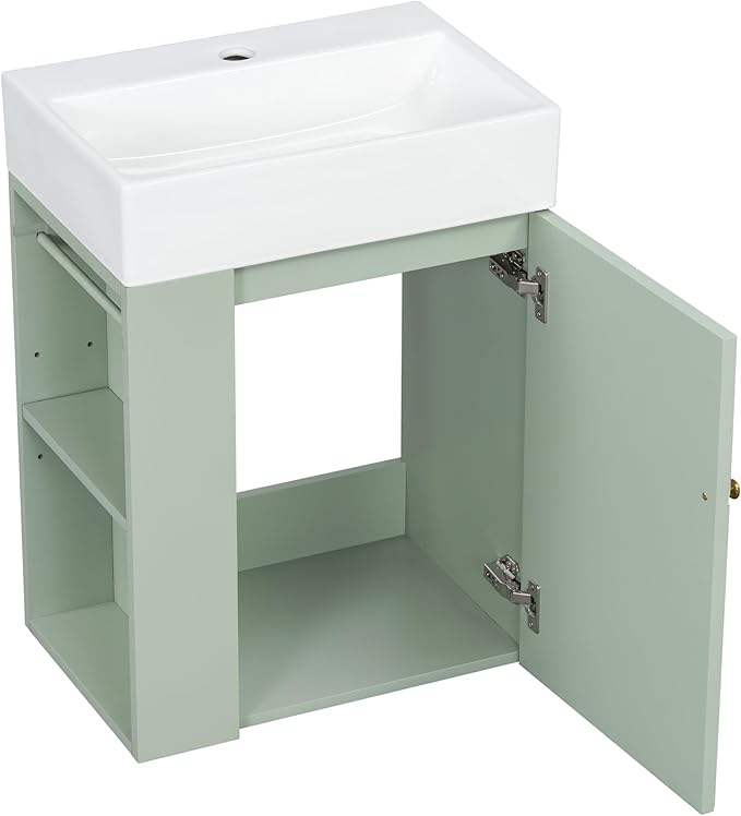 Harper & Bright Designs 20" Bathroom Vanity with Sink, Wall-Mounted Single Basin Vanity Set with Cabinet & Two-Tier Left Side Storage Shelf, Storage Cabinet with Ceramic Basin for Bathroom, Green