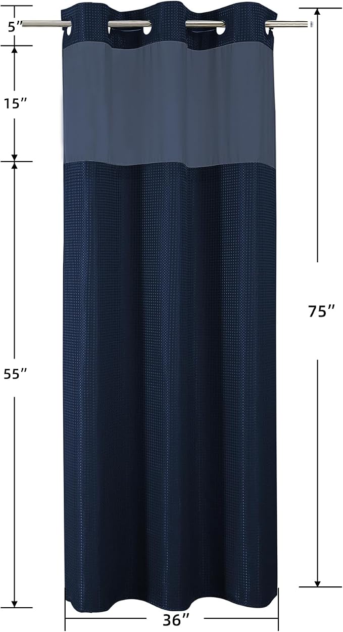 Colorful Star Navy Blue No Hook Waffle Shower Curtain Set, 36" W x 75" L | Waterproof Shower Curtain with Snap in Fabric Liner and Mesh Top Window, Hotel Style Heavy Duty Thick Bathroom Curtain