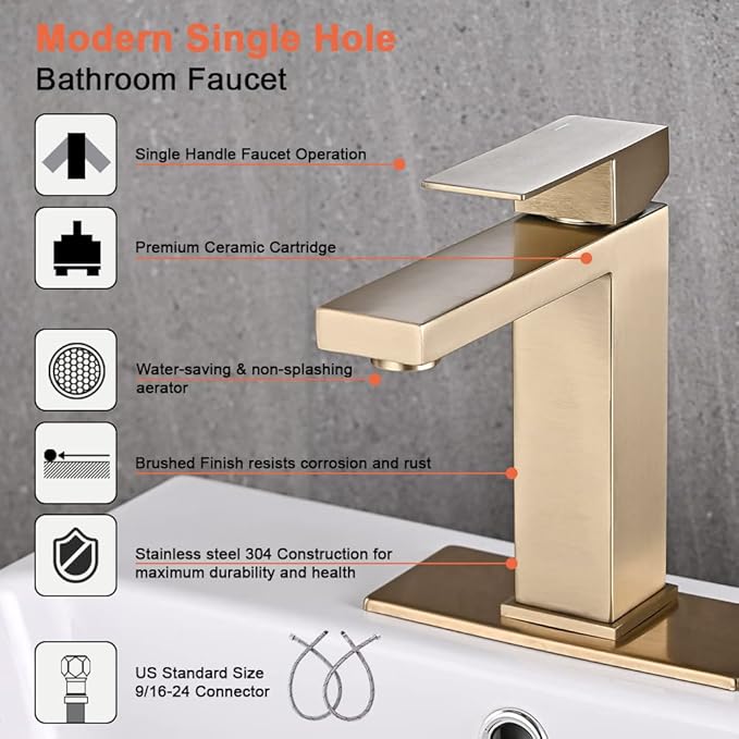 Brushed Gold Bathroom Faucet, Golden Single Hole Vanity Bath Faucet, Single Handle Modern Stainless Steel Bathroom Faucets for Sink 1 Hole with Pop Up Drain Stopper & Water Supply Hoses