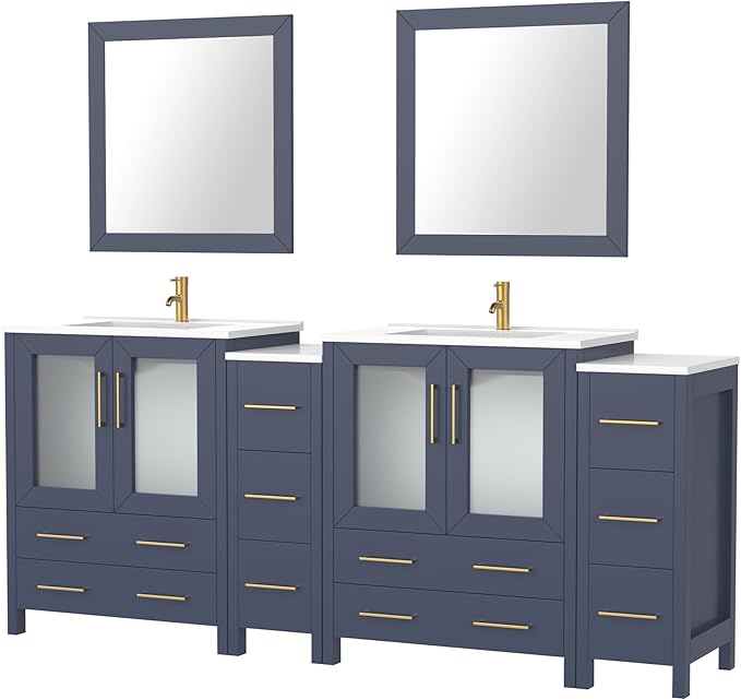 Vanity Art 84 Inch Under Mount Double Sink Bathroom Vanity Cabinet with 2 Mirrors, Ceramic Top Bathroom Cabinet Compact Set with 10 Dovetail Storage Drawers and Gold Finish Handles, VA3030-84B