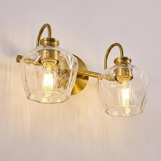 Brushed Gold Vanity Light, 2 Light Bathroom Light Fixtures with Clear Diamond-Shape Hammered Glass, Brass Vintage Ripple Wall Lights for Hallway, Bedroom, Anti-Rust, E26 Base (No Bulbs)