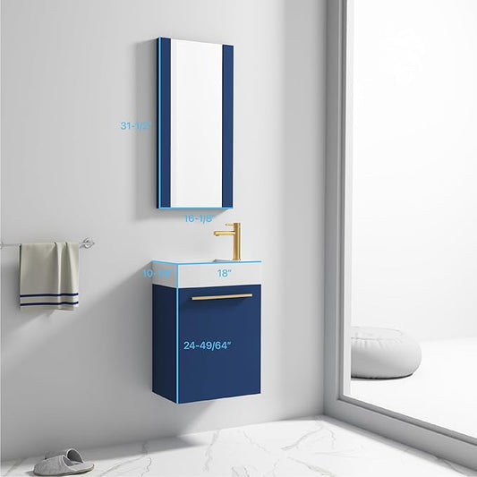 Blossom 18-Inch Floating Bathroom Vanity with Acrylic Sink and Mirror, All-Wood Construction, Space-Saving Wall Mounted Vanity for Compact Bathrooms, Modern Design Bathroom Sink Cabinet, Navy Blue