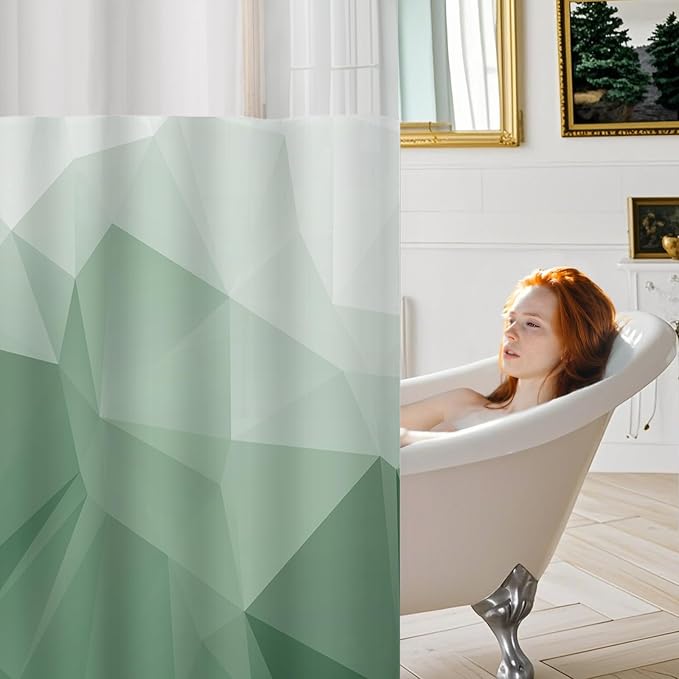 No Hook Shower Curtain with Snap in Liner Set, Green, 71x74 | Waterproof Fabric for Bathroom, Modern Hotel Style Ombre Design, Mesh Top Window, Machine Washable, Quick Install