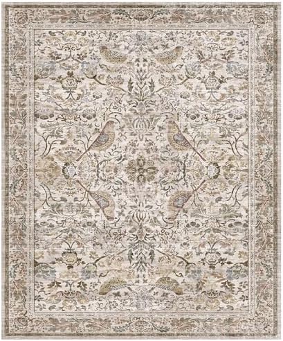 Moss Washable 7x9 Living Room Area Rug, Boho Floral Dining Room Under Kitchen Table, Low Pile Soft Farmhouse Bedroom Carpet, Moss Home Décor, Non Slip & Stain Resistant