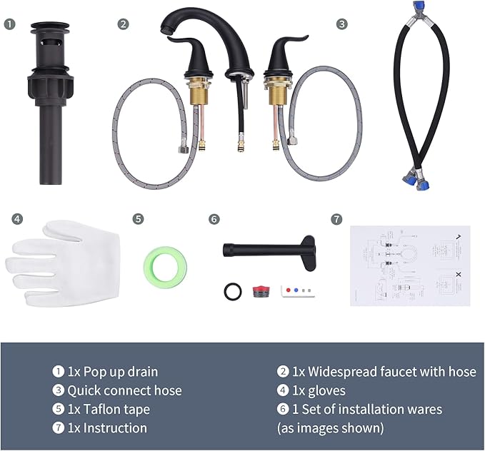 WOWOW Widespread Bathroom Faucet - 3 Hole, Black, 8 Inch Center, Double Handle, High Arc, Lavatory Basin Faucet with Pop Up Drain Assembly