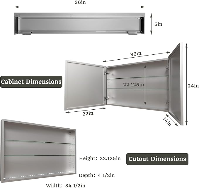 36 x 24 in Medicine Cabinet with Mirror and Side Panels, Silver | Surface or Recessed Medicine Cabinet Mirror with Storage, Adjustable Shelves, Aluminum Alloy Frame, Assembly Required