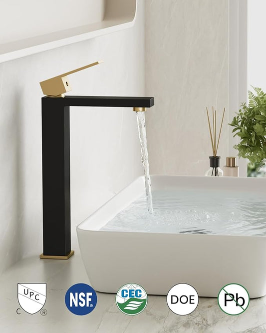 Black faucet with water flowing into a white sink in a bathroom setting, featuring certification logos at the bottom.