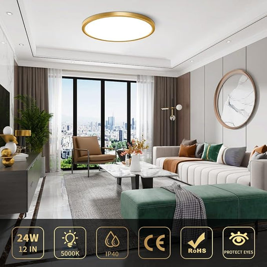 2 Pack 12Inch Gold LED Ceiling Light Fixture Flush Mount, 24W(240W Equivalent), 3200LM, 5000K Daylight White, IP40, Flat Modern Round Ceiling Light for Bedrooms, Living Rooms, Bathrooms, Kitchens, etc