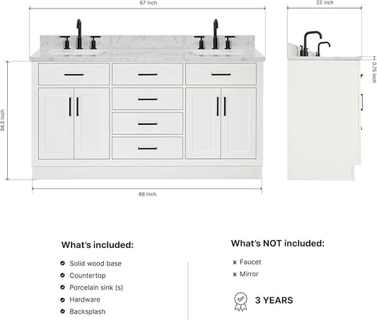 ARIEL Hepburn 66-inch Bathroom Vanity with Sink,Solid Wood, 0.75-inch Italian Carrara Marble Countertop, Double Rectangular Porcelain Sink, 4 Soft Closing Doors, 6 Dovetail Drawers, White