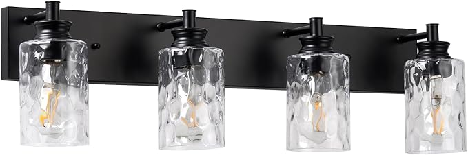 4 Light Bathroom Vanity Light Modern Black Bathroom Light Fixtures Over Mirror with Hammered Glass Lampshade for Kitchen Hallway