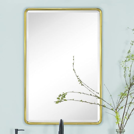 TEHOME Farmhouse Brushed Gold Metal Framed Recessed Bathroom Medicine Cabinet with Mirror Rounded Rectangle Medicine Cabinet with Beveled Mirror 16x24''