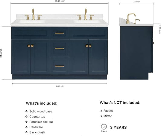 ARIEL Hamlet 60-inch Bathroom Vanity with Sink,Solid Wood, 1.5-inch Carrara White Quartz Countertop, Double Rectangular Porcelain Sink, 4 Soft Closing Doors, 3 Dovetail Drawers, Midnight Blue