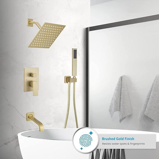 Brushed Gold Shower Faucet Set with Tub Spout Bathroom Rainfall 8 Inch Shower Head System with Handheld Single Handle Shower Trim Kit with Rough-in Valve