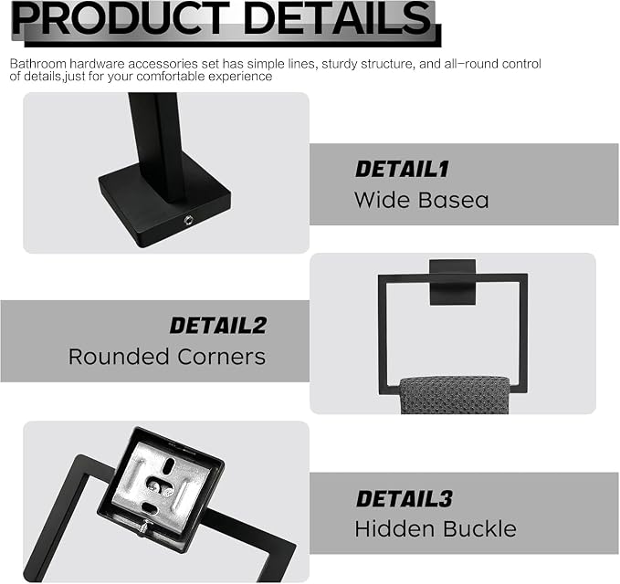 10-Piece Matte Black Bathroom Hardware Accessories Set Including 23.6 Inch Bath Towel Bar, Towel Rings, Bath Toilet Paper Holders, Robe Towel Hooks Set for Bathroom Stainless Steel Wall Mounted