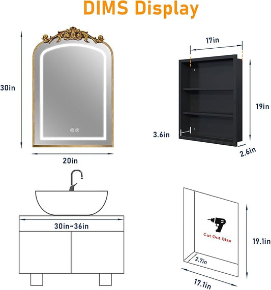 20"x30" LED Bathroom Medicine Cabinet with Mirror and Lights, Bronze Hand-Painted Baroque Bathroom Storage with Mirror, Recessed / Wall Mounted, Dimmable 3 Color Lighting Anti-fog ( with 1 Organizer)