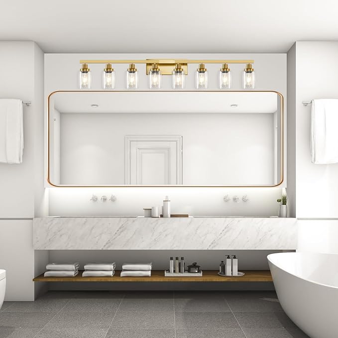 8 Light Gold Vanity Lights Over Mirror, 52inch Gold Bathroom Light Fixtures Modern Vanity Lights Gold Bathroom Wall Lighting for Mirror Bedroom,Living Room