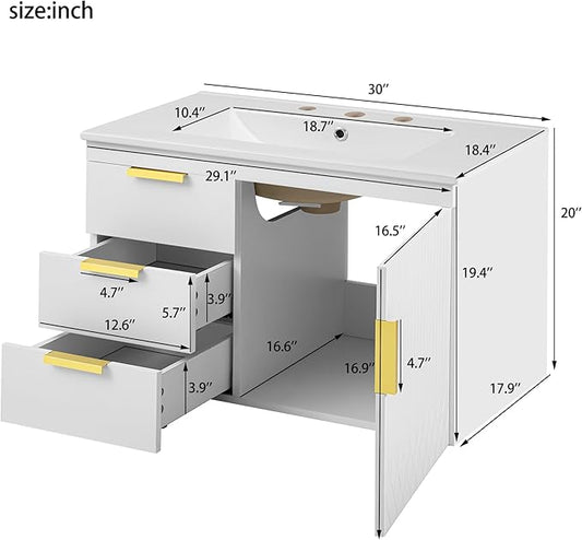 30 Inch Bathroom Vanity with Sink, Wall Mounted Bathroom Storage Cabinet with Soft Closing Door and 2 Drawers, Floating Bathroom Vanities with Decor Line