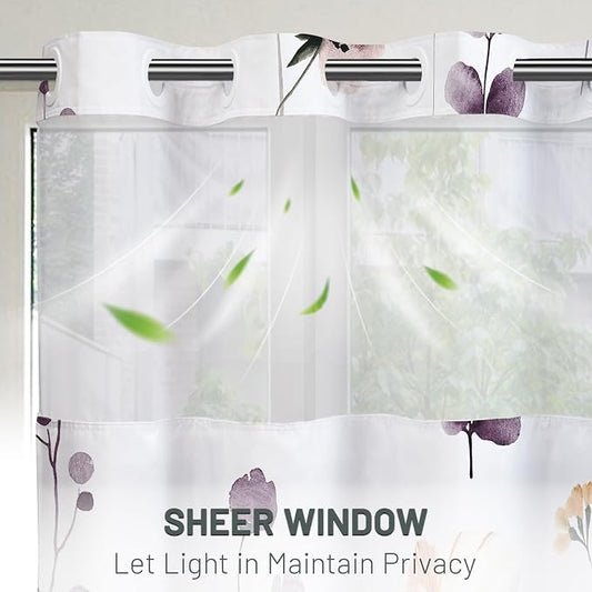 No Hook Floral Shower Curtain with Liner, Plum Flower, 71x74 | Snap in Liner, 3 in 1, Water Repellent, Easy Install, Machine Washable, Hotel Style for Bathroom, Watercolor Pattern