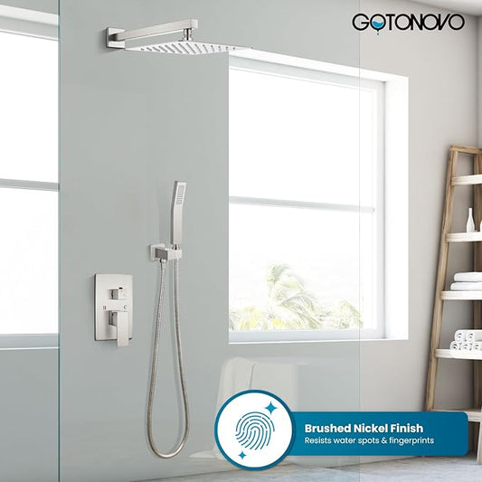 gotonovo Shower Faucet Set with Handheld Spray Brushed Nickel,12'' Head | SUS304 Rainfall Shower Head and Handle Set System Fixture,Pressure Balance Valve Trim Kit,Single Handle,Wall Mount,All Metal