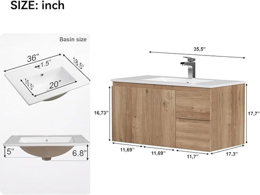 Floating Bathroom Vanity with Sink Wall Mounted Cabinet with 2 Drawers and Doors, Moisture-Resistant MDF,Large Storage for Small Space (36")