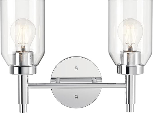 Kichler Madden 2-Light Vanity with Clear Glass in Chrome, Sloped Ceiling Compatible, for Single or Double Vanity in Bathroom (10.5" x 14.25"), 55184CH