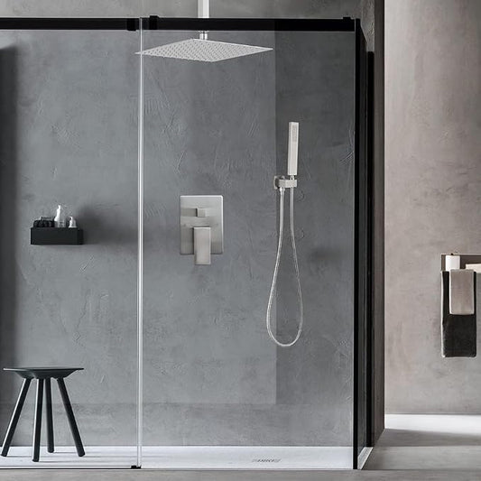 16 Inch Ceiling Mount Brushed Nickel Shower System Bathroom Luxury Rain Mixer Shower Combo Set Ceiling Rainfall Shower Head System (Contain Shower Faucet Rough-in Valve Body and Trim Kit)