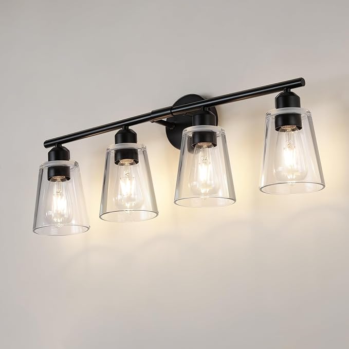 TALOYA 27 Inch Brushed Black Bathroom Light Fixtures with Thickend Clear Tapered Glass Shade, 4-Light Modern Vanity Light Over Mirror for Bathrooms, Bedrooms (Bulbs Not Included)