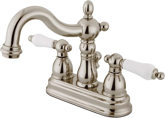Kingston Brass KB1606PL Heritage 4-inch Centerset Lavatory Faucet with Porcelain Lever Handle Pn, Polished Nickel