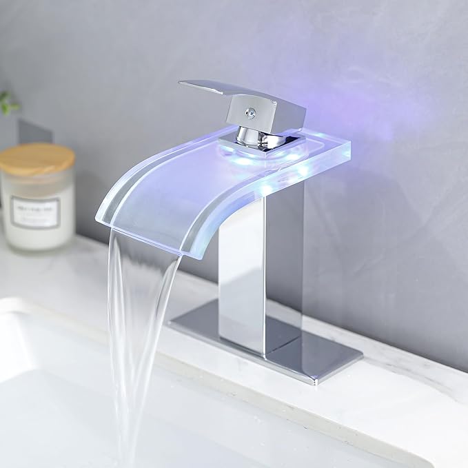 LED Bathroom Faucet, Chrome Waterfall Bathroom Sink Faucet, 1 Hole Single Handle Polished Vanity Mixer Tap Commercial Temperature Control Light Color Change