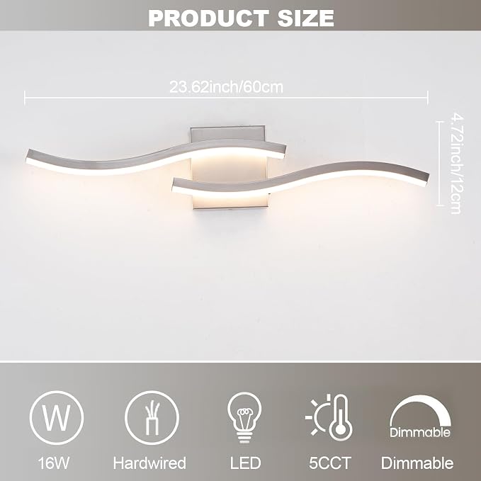 23.62 inch Brushed Nickel LED Vanity Light, 5CCT Dimmable Bathroom Light Fixture Over Mirror, Modern Curved Wall Lamp 2500K-5500K for Bathroom Lighting